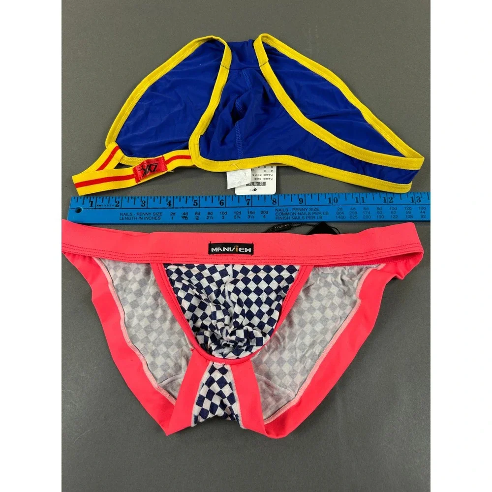 Manview & ZYKU Mens Underwear Bundle Checkered Pink Blue Briefs Size M Lot of 2